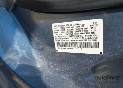 2006 Honda Odyssey Ex-L из США, поврежденный, VIN 5FNRL38656B003267